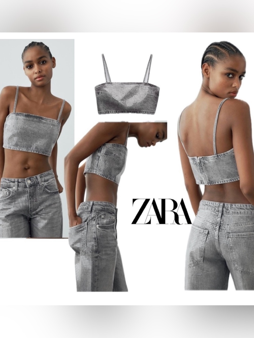 Zara TRF gray foil sequin embellished denim jean crop top sparkly S NWOT